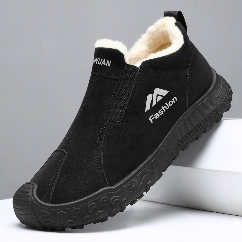 Botine de iarnă pentru bărbați, căptuite cu fleece, talpă cu model de tip anvelopă, pentru exterior, slip-on, rezistente la vânt și zăpadă