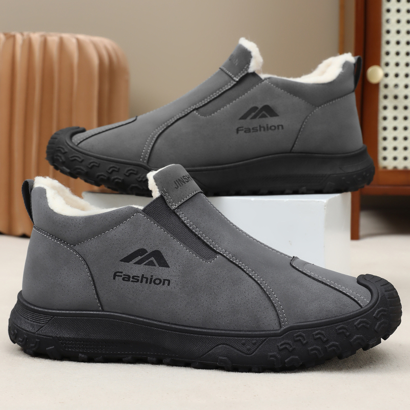 Botine de iarnă pentru bărbați, căptuite cu fleece, talpă cu model de tip anvelopă, pentru exterior, slip-on, rezistente la vânt și zăpadă