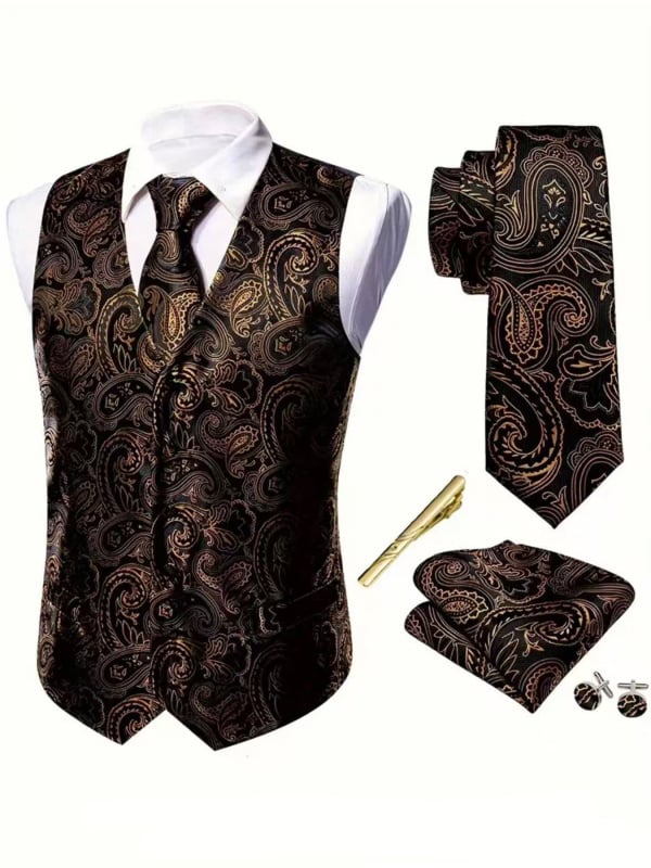 Férfi Paisley mintás Slim-fit mellény és nyakkendő készlet