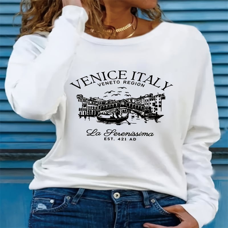 Női laza szabású hosszú ujjú T-shirt 3D nyomtatott mintával, kerek nyakú, hétköznapi elegáns stílus