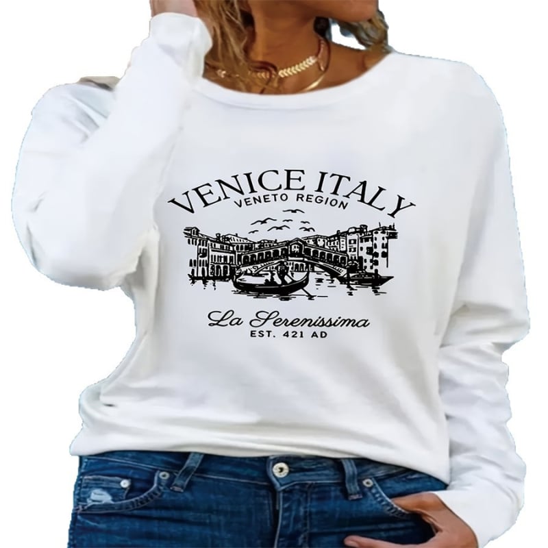 Női laza szabású hosszú ujjú T-shirt 3D nyomtatott mintával, kerek nyakú, hétköznapi elegáns stílus