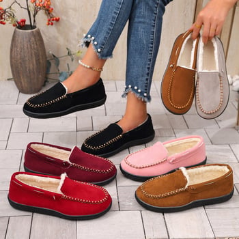 Ženske zimske loaferice s okruglim nosom, velur gornji dio, topla podstava od sintetičkog krzna, niski klin 4–6 cm, casual obuća