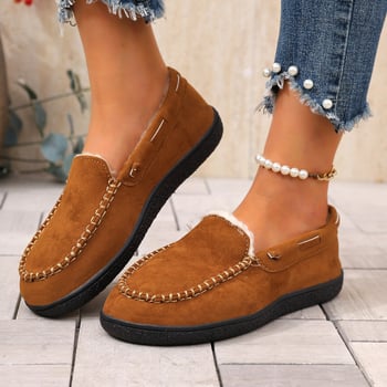 Ženske zimske loaferice s okruglim nosom, velur gornji dio, topla podstava od sintetičkog krzna, niski klin 4–6 cm, casual obuća