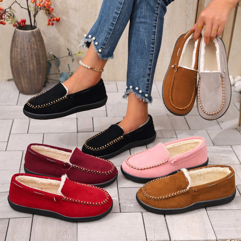Ženske zimske loaferice s okruglim nosom, velur gornji dio, topla podstava od sintetičkog krzna, niski klin 4–6 cm, casual obuća