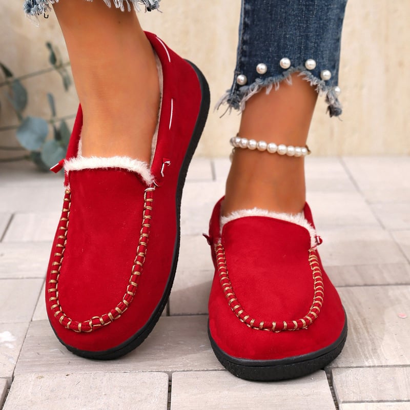 Ženske zimske loaferice s okruglim nosom, velur gornji dio, topla podstava od sintetičkog krzna, niski klin 4–6 cm, casual obuća