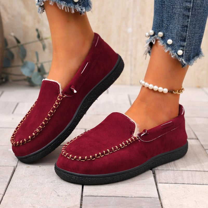 Ženske zimske loaferice s okruglim nosom, velur gornji dio, topla podstava od sintetičkog krzna, niski klin 4–6 cm, casual obuća