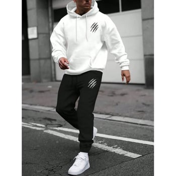 Férfi őszi-téli kapucnis pulóver és nadrág szett állat lábnyom mintával, streetwear casual