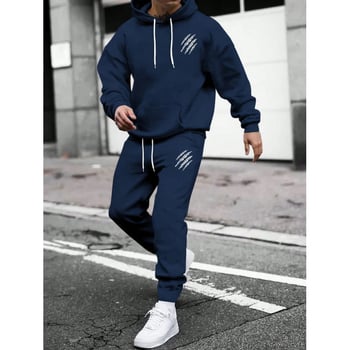 Férfi őszi-téli kapucnis pulóver és nadrág szett állat lábnyom mintával, streetwear casual