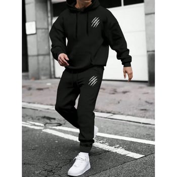 Férfi őszi-téli kapucnis pulóver és nadrág szett állat lábnyom mintával, streetwear casual