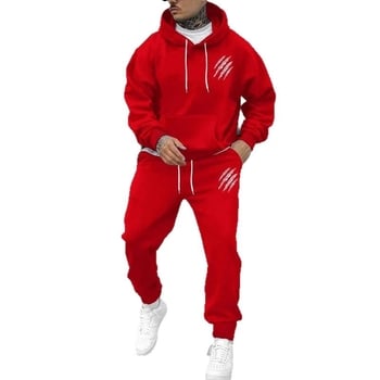 Férfi őszi-téli kapucnis pulóver és nadrág szett állat lábnyom mintával, streetwear casual