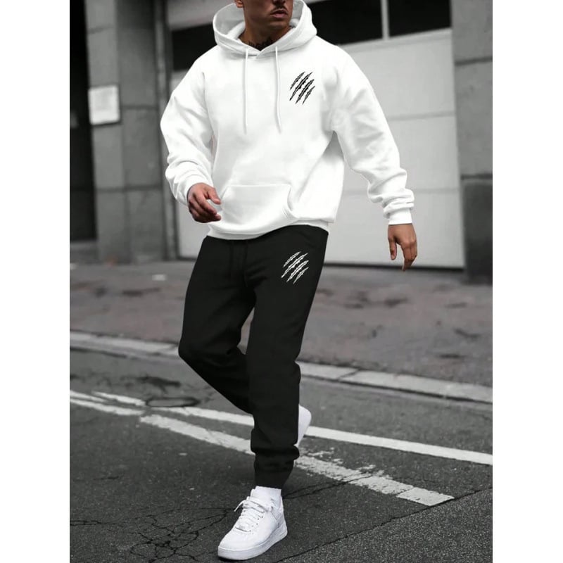 Férfi őszi-téli kapucnis pulóver és nadrág szett állat lábnyom mintával, streetwear casual