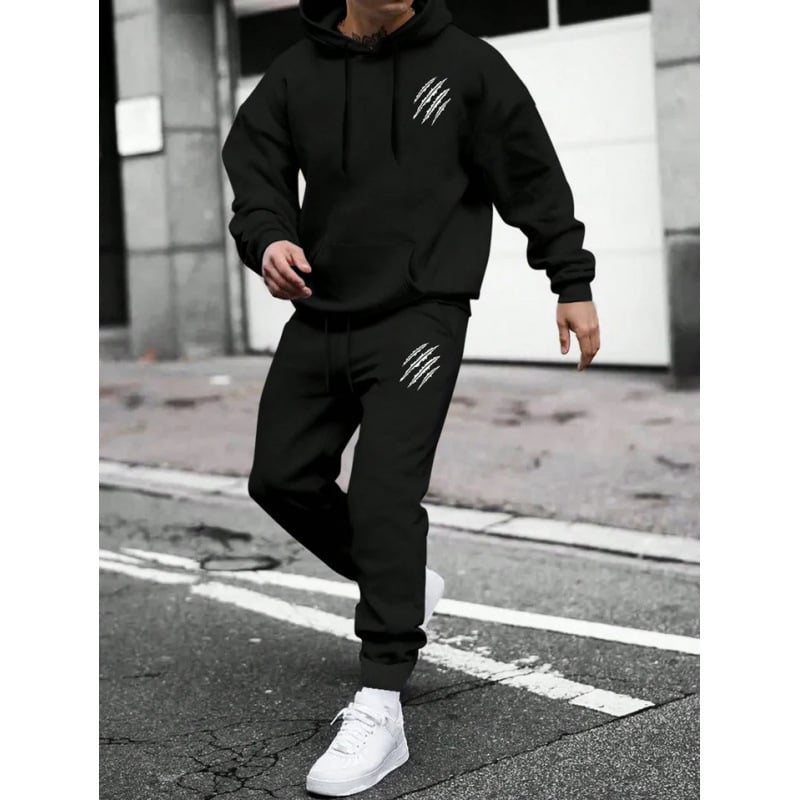 Férfi őszi-téli kapucnis pulóver és nadrág szett állat lábnyom mintával, streetwear casual