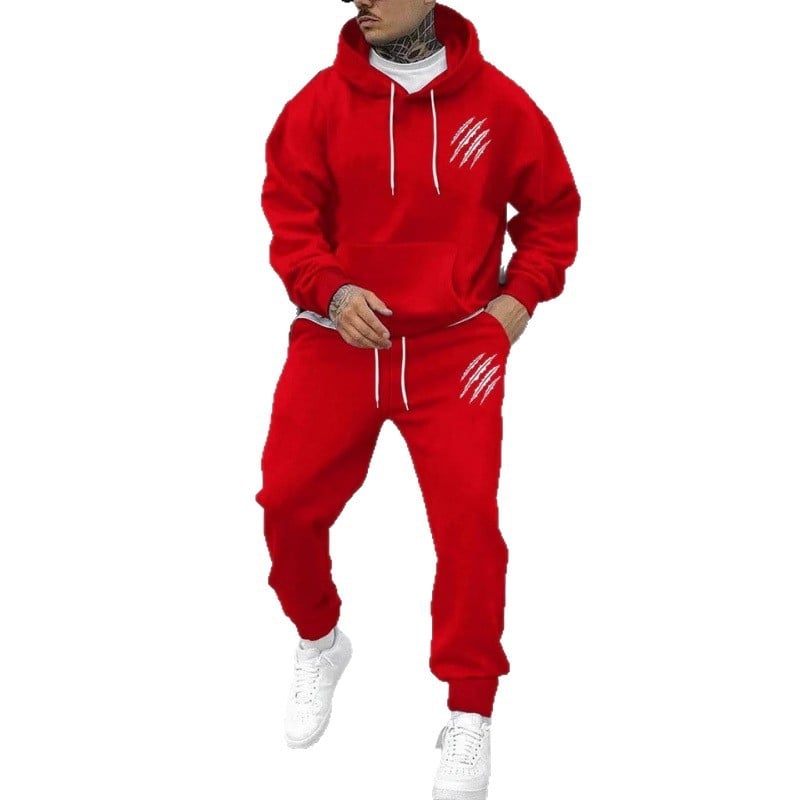 Férfi őszi-téli kapucnis pulóver és nadrág szett állat lábnyom mintával, streetwear casual