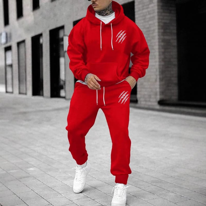 Férfi őszi-téli kapucnis pulóver és nadrág szett állat lábnyom mintával, streetwear casual