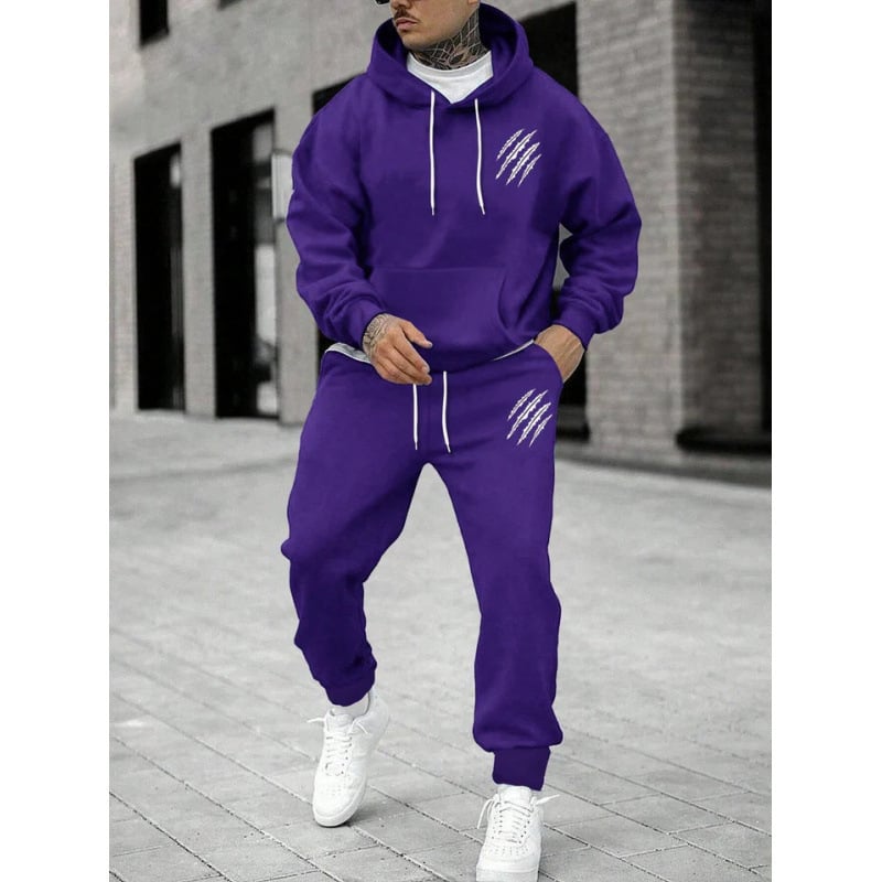 Férfi őszi-téli kapucnis pulóver és nadrág szett állat lábnyom mintával, streetwear casual