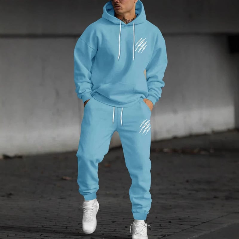 Férfi őszi-téli kapucnis pulóver és nadrág szett állat lábnyom mintával, streetwear casual