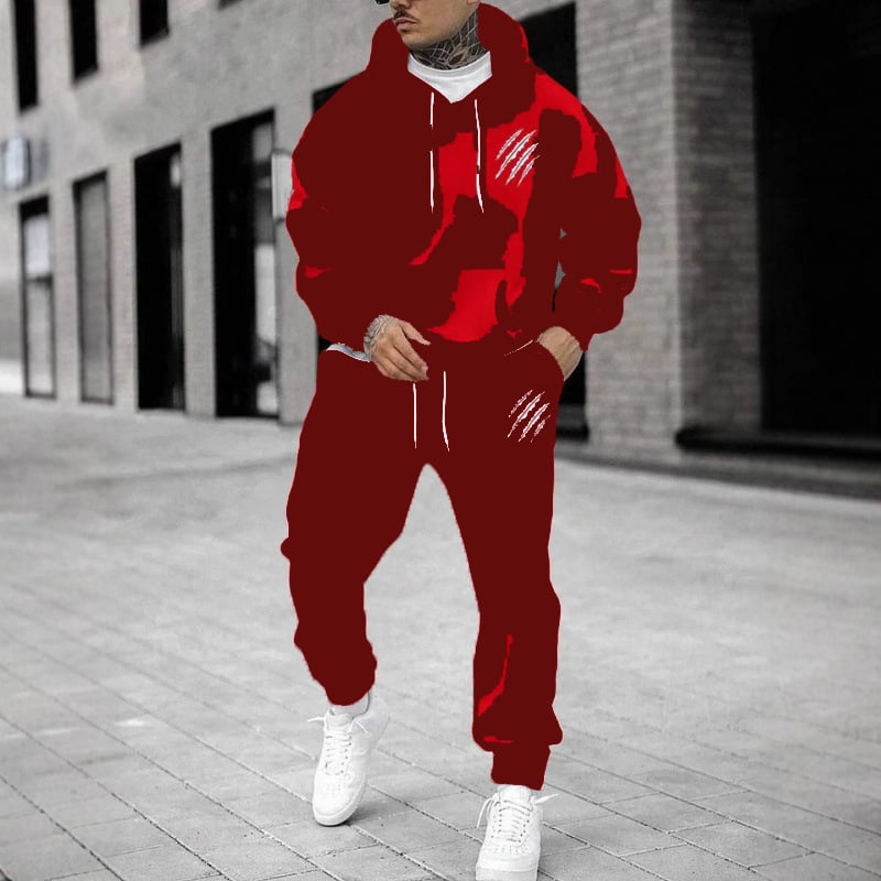 Férfi őszi-téli kapucnis pulóver és nadrág szett állat lábnyom mintával, streetwear casual