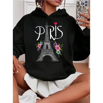 Női kapucnis pulóver Párizs Eiffel-tornya mintás virágos grafika