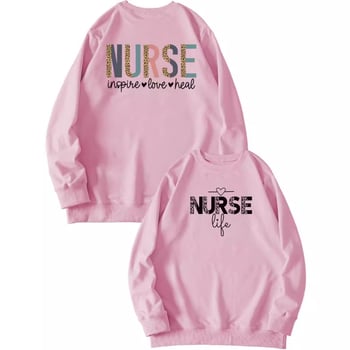 Női pulóver elöl-hátul nyomtatott mintával, 'Nurse Inspire Love Heal' grafika, mindennapi viselet