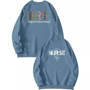 Női pulóver elöl-hátul nyomtatott mintával, 'Nurse Inspire Love Heal' grafika, mindennapi viselet