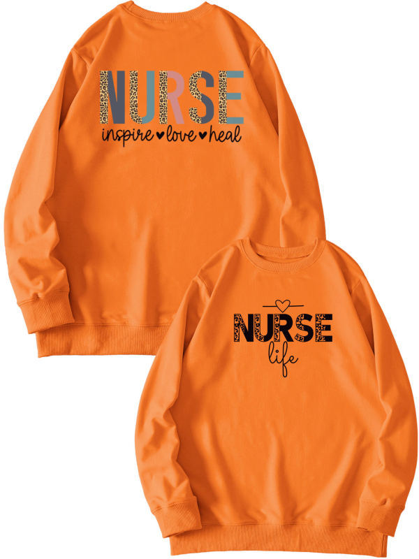 Női pulóver elöl-hátul nyomtatott mintával, 'Nurse Inspire Love Heal' grafika, mindennapi viselet