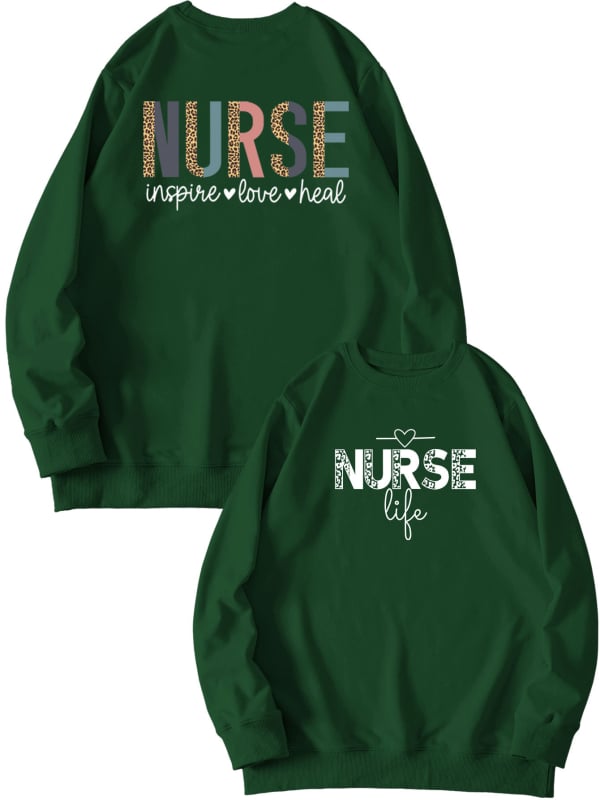 Női pulóver elöl-hátul nyomtatott mintával, 'Nurse Inspire Love Heal' grafika, mindennapi viselet
