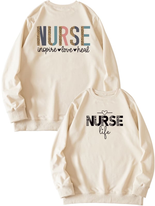 Női pulóver elöl-hátul nyomtatott mintával, 'Nurse Inspire Love Heal' grafika, mindennapi viselet