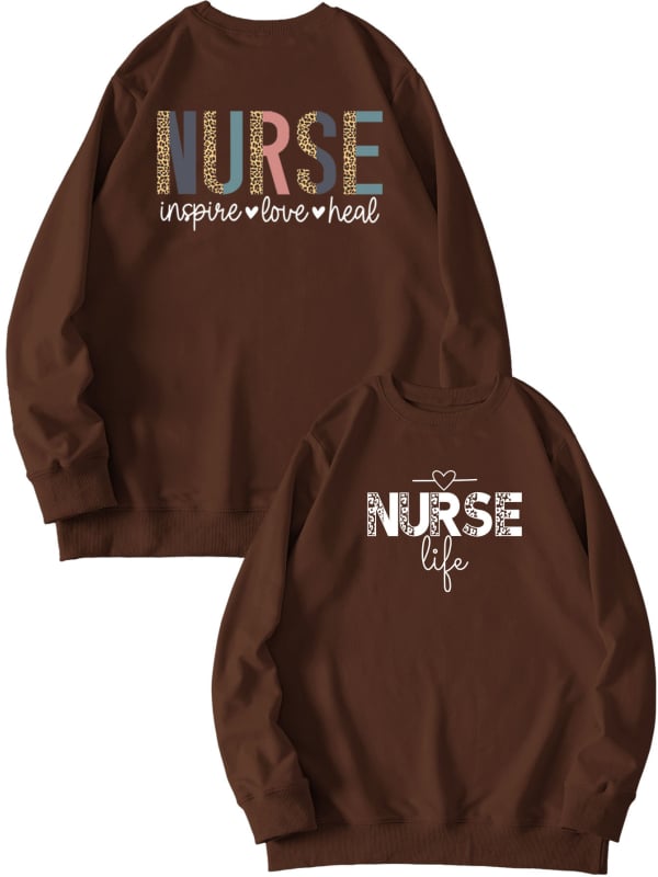 Női pulóver elöl-hátul nyomtatott mintával, 'Nurse Inspire Love Heal' grafika, mindennapi viselet