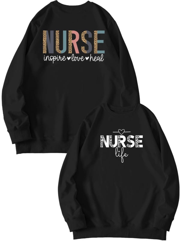 Női pulóver elöl-hátul nyomtatott mintával, 'Nurse Inspire Love Heal' grafika, mindennapi viselet