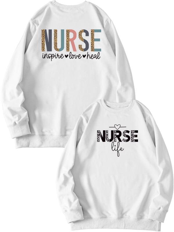 Női pulóver elöl-hátul nyomtatott mintával, 'Nurse Inspire Love Heal' grafika, mindennapi viselet