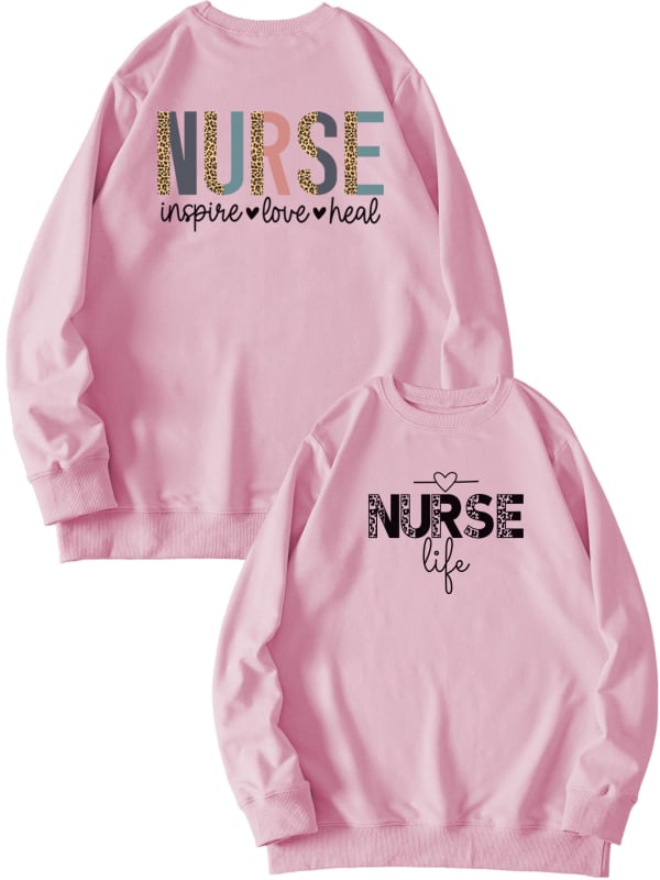 Női pulóver elöl-hátul nyomtatott mintával, 'Nurse Inspire Love Heal' grafika, mindennapi viselet
