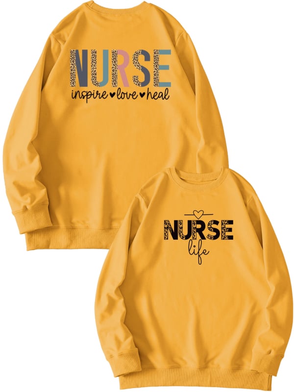 Női pulóver elöl-hátul nyomtatott mintával, 'Nurse Inspire Love Heal' grafika, mindennapi viselet