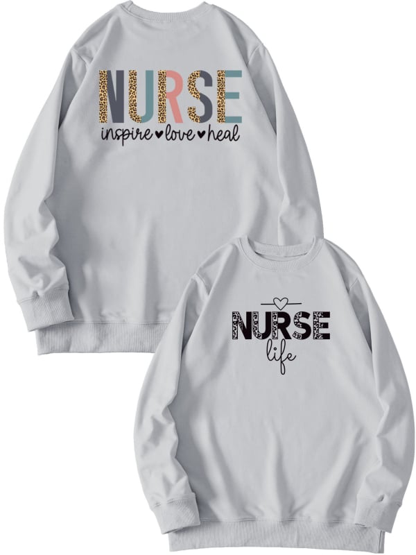 Női pulóver elöl-hátul nyomtatott mintával, 'Nurse Inspire Love Heal' grafika, mindennapi viselet