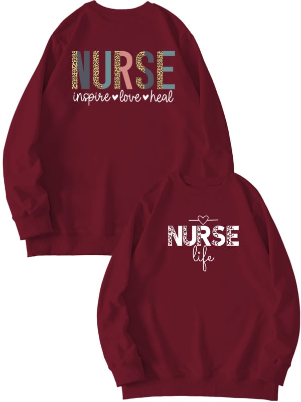Női pulóver elöl-hátul nyomtatott mintával, 'Nurse Inspire Love Heal' grafika, mindennapi viselet