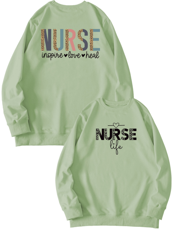 Női pulóver elöl-hátul nyomtatott mintával, 'Nurse Inspire Love Heal' grafika, mindennapi viselet