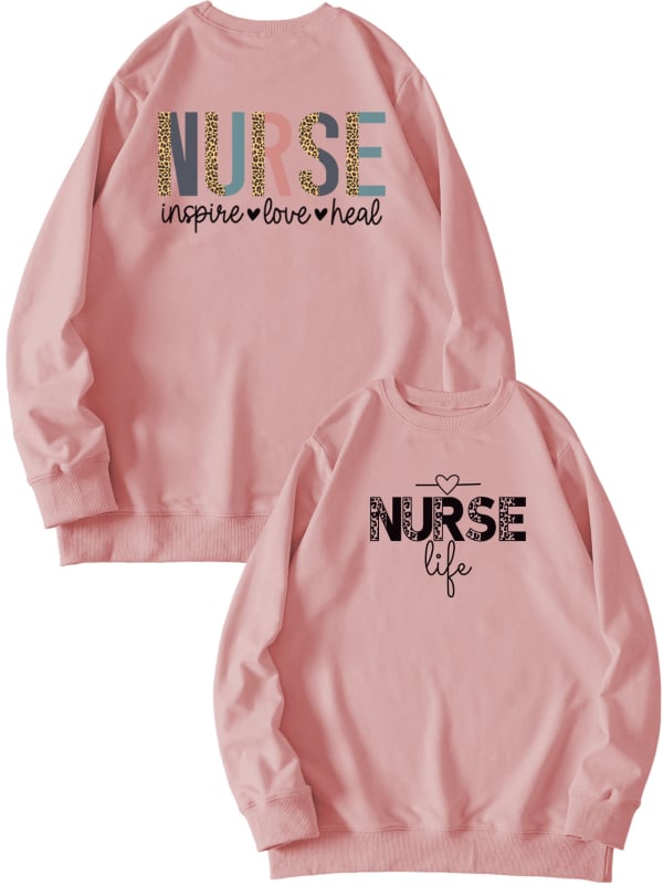 Női pulóver elöl-hátul nyomtatott mintával, 'Nurse Inspire Love Heal' grafika, mindennapi viselet