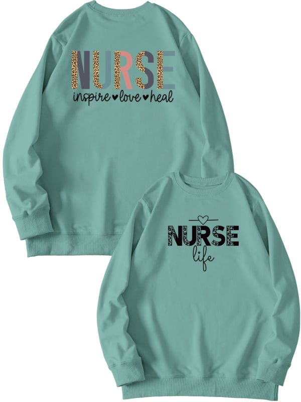 Női pulóver elöl-hátul nyomtatott mintával, 'Nurse Inspire Love Heal' grafika, mindennapi viselet