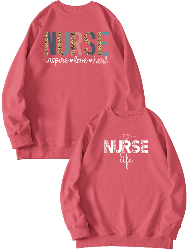 Női pulóver elöl-hátul nyomtatott mintával, 'Nurse Inspire Love Heal' grafika, mindennapi viselet