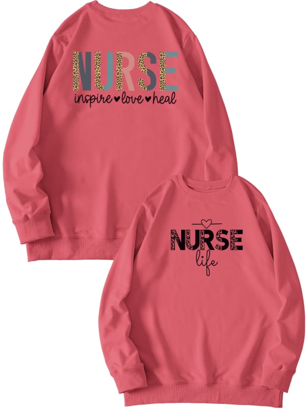 Női pulóver elöl-hátul nyomtatott mintával, 'Nurse Inspire Love Heal' grafika, mindennapi viselet