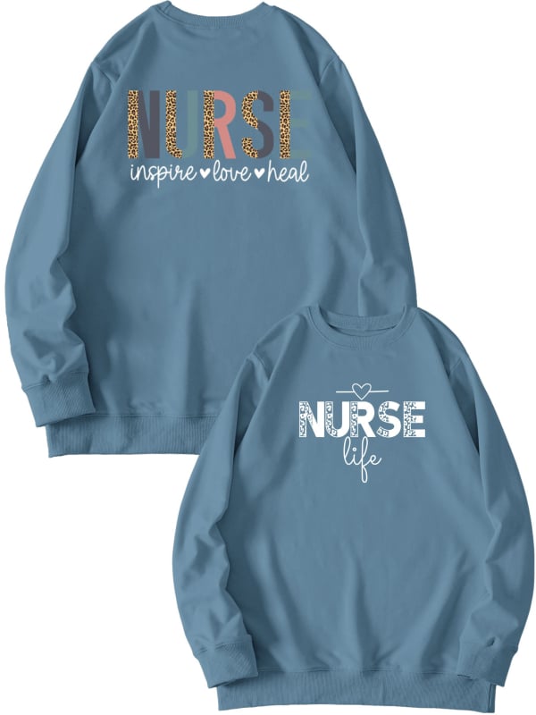 Női pulóver elöl-hátul nyomtatott mintával, 'Nurse Inspire Love Heal' grafika, mindennapi viselet