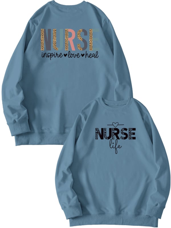 Női pulóver elöl-hátul nyomtatott mintával, 'Nurse Inspire Love Heal' grafika, mindennapi viselet