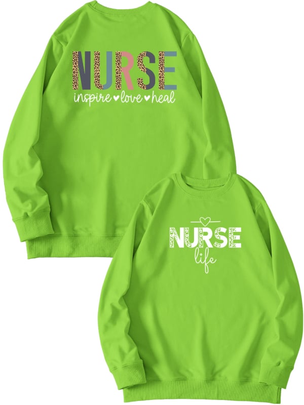 Női pulóver elöl-hátul nyomtatott mintával, 'Nurse Inspire Love Heal' grafika, mindennapi viselet