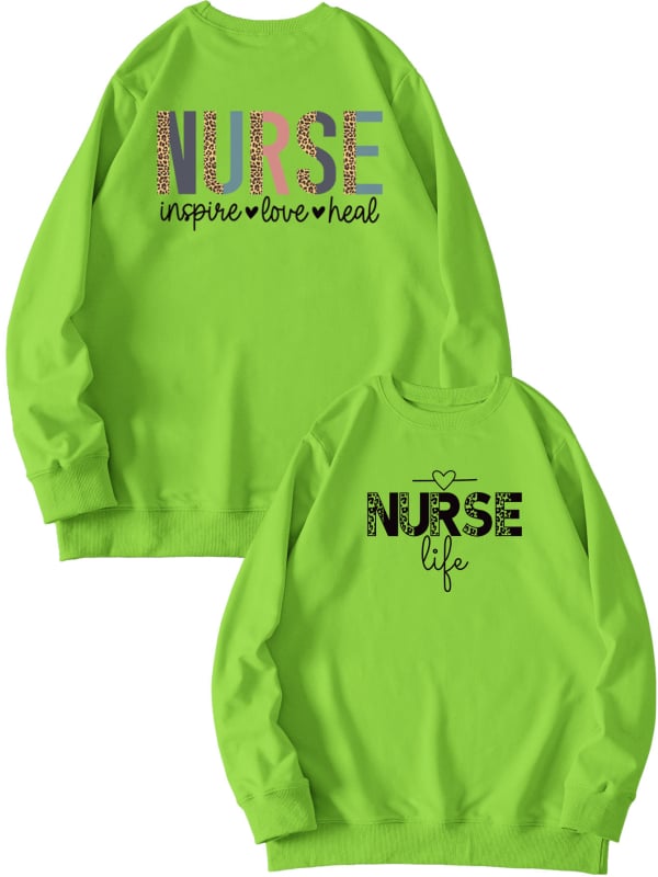 Női pulóver elöl-hátul nyomtatott mintával, 'Nurse Inspire Love Heal' grafika, mindennapi viselet