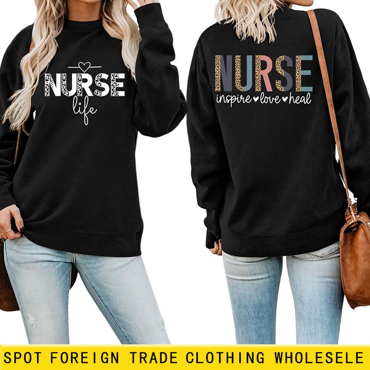 Női pulóver elöl-hátul nyomtatott mintával, 'Nurse Inspire Love Heal' grafika, mindennapi viselet