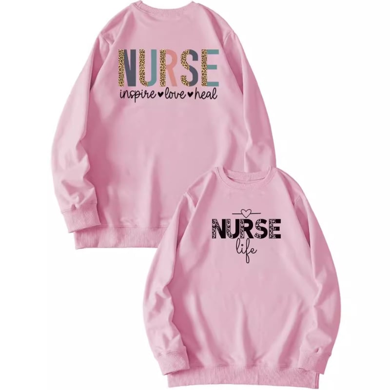 Női pulóver elöl-hátul nyomtatott mintával, 'Nurse Inspire Love Heal' grafika, mindennapi viselet