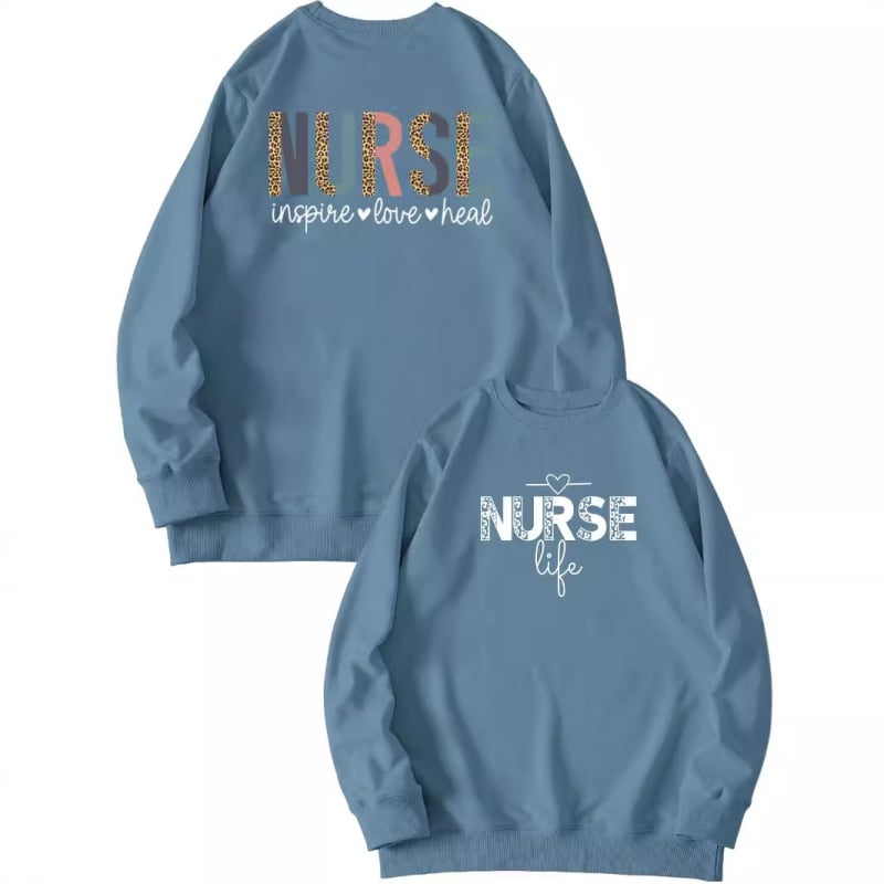 Női pulóver elöl-hátul nyomtatott mintával, 'Nurse Inspire Love Heal' grafika, mindennapi viselet