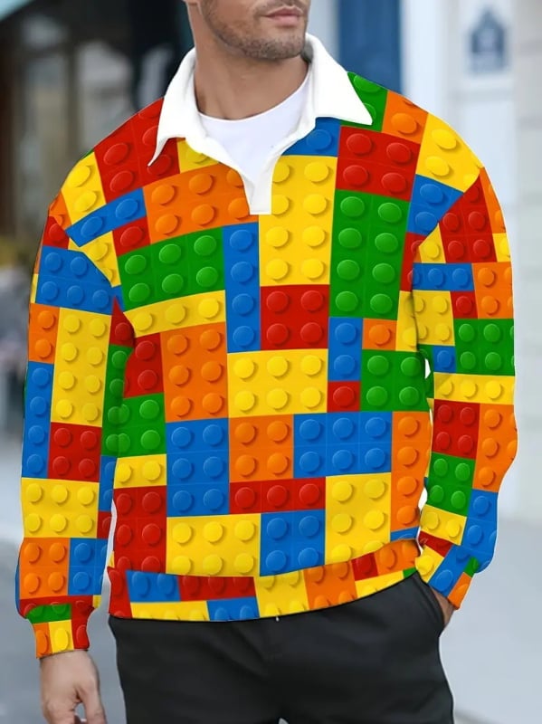 Férfi hosszú ujjú póló, négyzetes geometriai színblokkal, gombos MB14