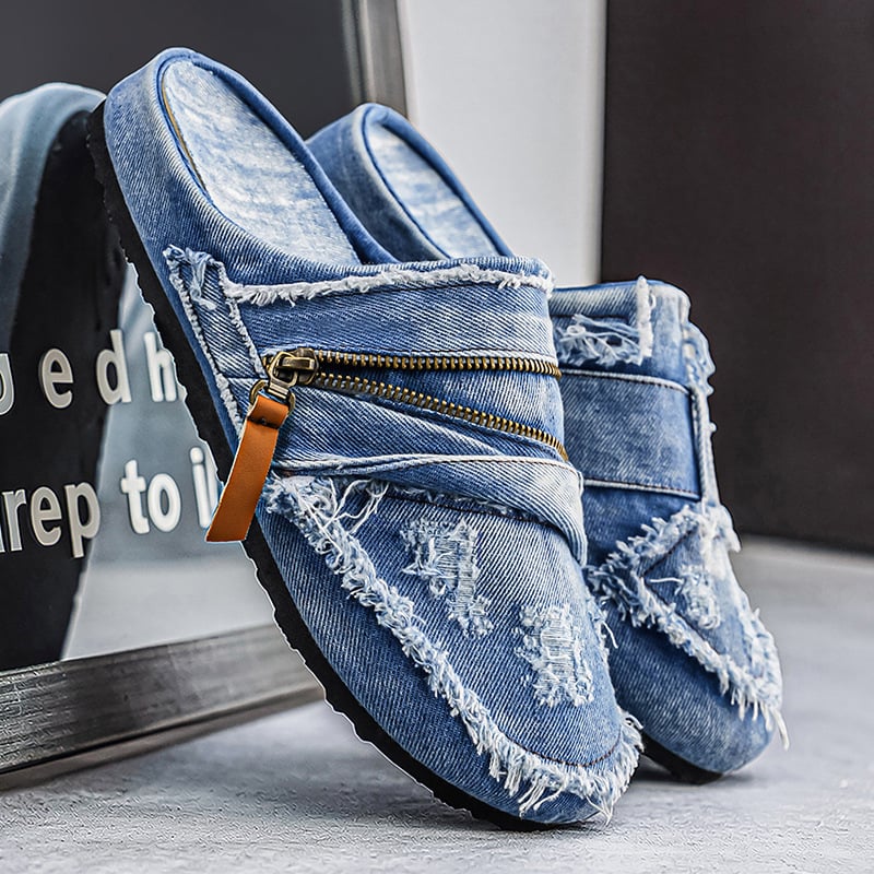 Mocasini denim pentru bărbați, slip-on, stil retro