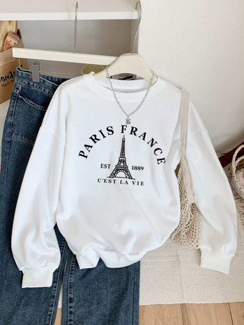 Női Eiffel-torony mintás pulóver felső, őszi-téli szezon, laza szabás, kerek nyak