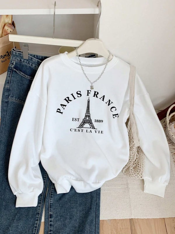 Női Eiffel-torony mintás pulóver felső, őszi-téli szezon, laza szabás, kerek nyak